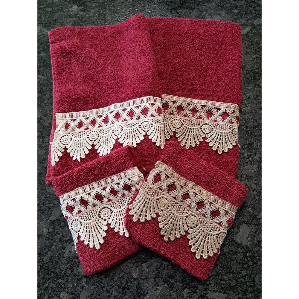 Vintage Burgundy Hand Towels & Washcloths (2 Each) with Cream Lace